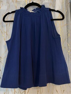 Suzi Kondi Navy Ruffled Mock Neck Sleeveless Top